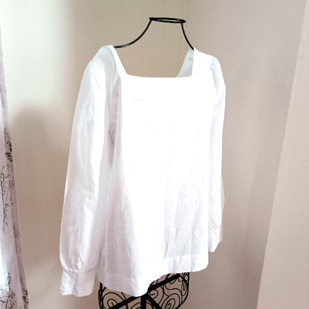 NEW SAKS FIFTH AVENUE Exclusivity Linen Blend Blouse Shirt Squareneck sz S White - Picture 8 of 15